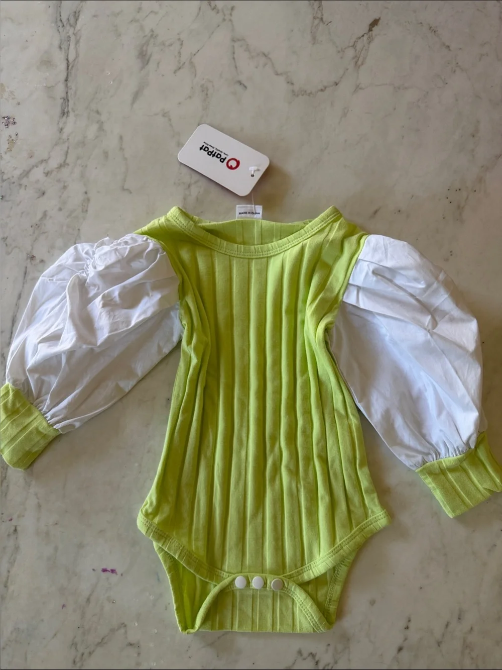 Green Ribbed Bodysuit with Puff White Sleeves